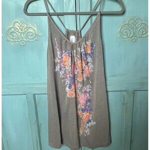 M Rena Women's Taupe Tank Beige Floral Design Spaghetti Straps One Size